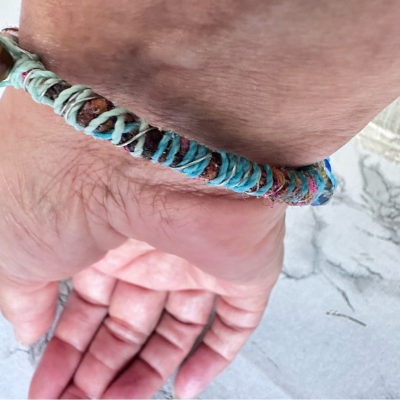 Handmade charm bracelet beaded Assemblage Bangle Thrashed Trashed Fabric shreds - Picture 10 of 14